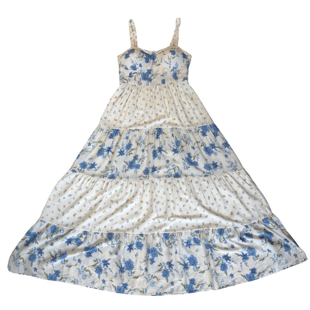 Womens Floral Maxi Dress Women Sz M White Blue Tiered Smocked Padded Cottagecore